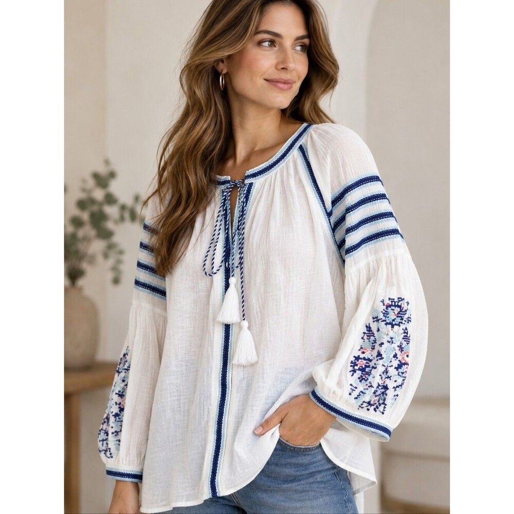 EUC See and Be Seen women's floral embroidery fringe stripped boho blouse top, S